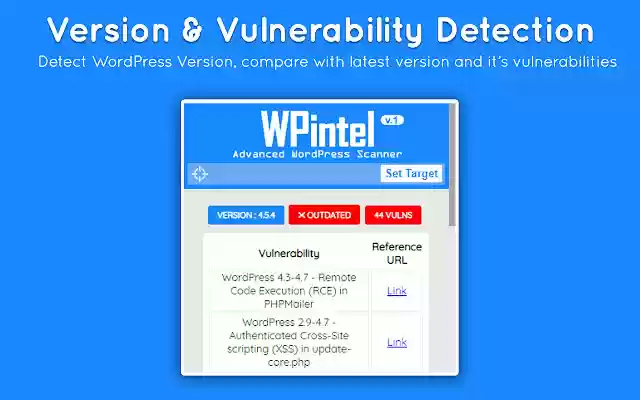 WPintel WordPress Vulnerability Scanner  from Chrome web store to be run with OffiDocs Chromium online