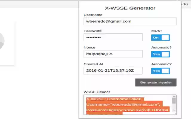 WSSE Generator from Chrome web store to be run with OffiDocs Chromium online WSSE Generator from Chrome web store to be run with OffiDocs Chromium online