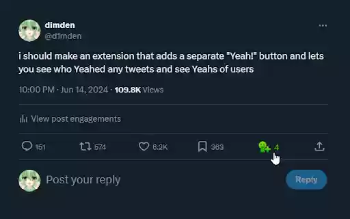 Yeah! for Twitter  from Chrome web store to be run with OffiDocs Chromium online