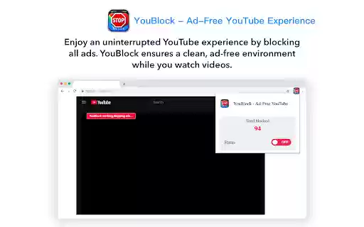 YouBlock Ad Free YouTube Experience  from Chrome web store to be run with OffiDocs Chromium online