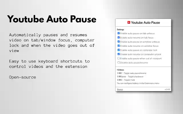 YouTube Auto Pause  from Chrome web store to be run with OffiDocs Chromium online