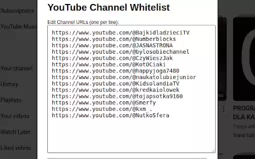 YouTube Channel Whitelist  from Chrome web store to be run with OffiDocs Chromium online