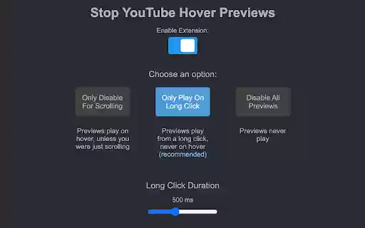 YouTube Previews On Long Click  from Chrome web store to be run with OffiDocs Chromium online