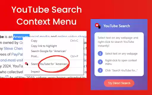 YouTube Search Context Menu Quick Video Search  from Chrome web store to be run with OffiDocs Chromium online