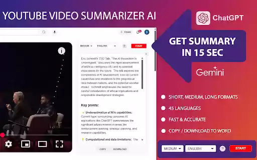 Youtube Video Summarizer AI  from Chrome web store to be run with OffiDocs Chromium online