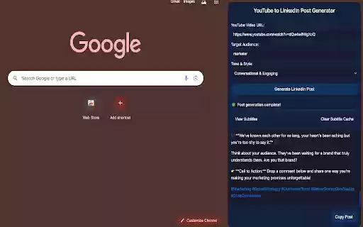 Youtube Video To LinkedIn Post Generator from Chrome web store to be run with OffiDocs Chromium online Youtube Video To LinkedIn Post Generator from Chrome web store to be run with OffiDocs Chromium online