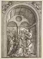 Free download The Holy Family with Two Angels in a Hall, from The Life of the Virgin free photo or picture to be edited with GIMP online image editor