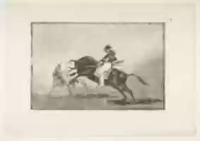 Free download The same Ceballos mounted on another bull breaks short spears in the ring at Madrid, plate 24 of La Tauromaquia free photo or picture to be edited with GIMP online image editor