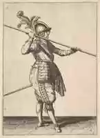 Free download The second movement for bringing the pike on to the shoulder and holding it horizontally, from the Lansquenet series, plate 9, in Wapenhandelinghe van Roers Musquetten Ende Spiessen (The Exercise of Arms) free photo or picture to be edited with GIMP online image editor